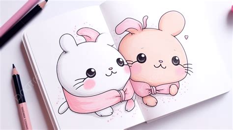 كتاب مع 2 شخصيات الأرنب الرسم بأقلام الرصاص, لطيف صورة Kawaii لرسم صورة ...