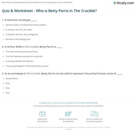 Quiz & Worksheet - Who is Betty Parris in The Crucible? | Study.com