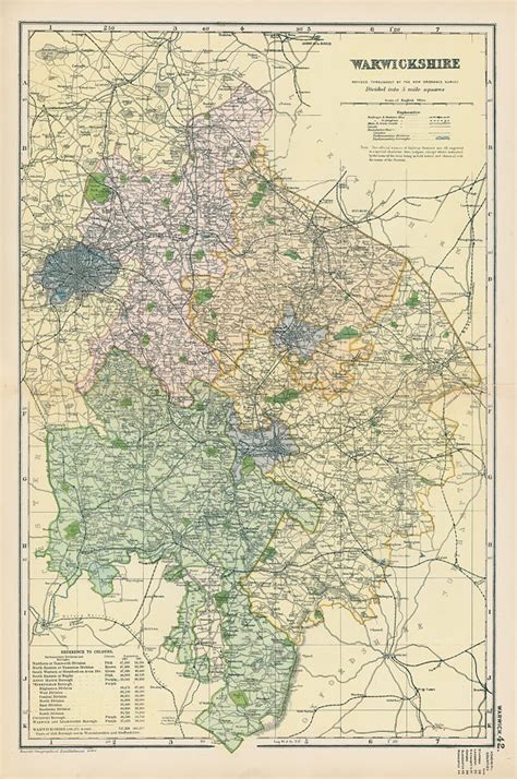 Old and antique prints and maps: Warwickshire map, 1901, Warwickshire antique prints and maps