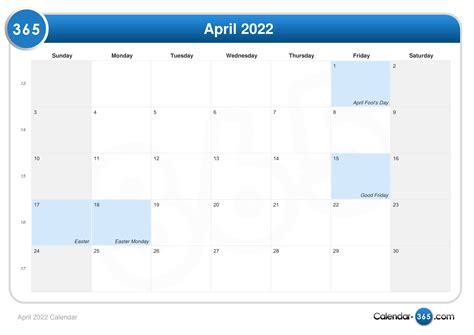 April 2022 Easter 2022 Calendar