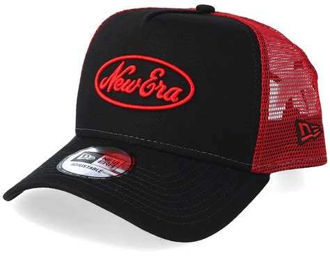 Oval Script Black/Red Trucker - New Era cap | Hatstoreworld.com