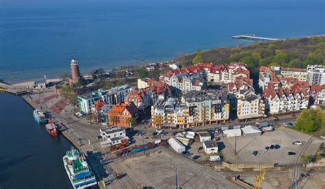 KOLOBRZEG, POLAND - 25 APRIL 2019 - Aerial View on Kolobrzeg City, Area of Lighthouse at Baltic ...