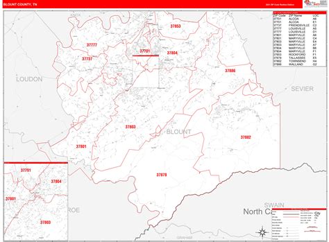 Blount County, TN Zip Code Wall Map Red Line Style by MarketMAPS - MapSales