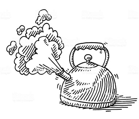 Hand-drawn vector drawing of a Teapot with Boiling Water, Steam comes ...