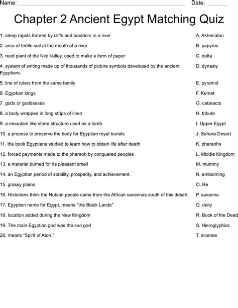 Chapter 2 Ancient Egypt Matching Quiz Worksheet - WordMint