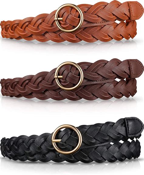 TECH 3 Pieces Women's Braided Leather Belt Skinny Woven Braided Belt O-Ring Buckle Leather Belt ...