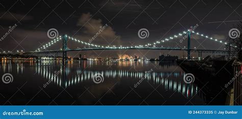 Ambassador Bridge Glows at Night Over the Detroit River Editorial Image - Image of border ...