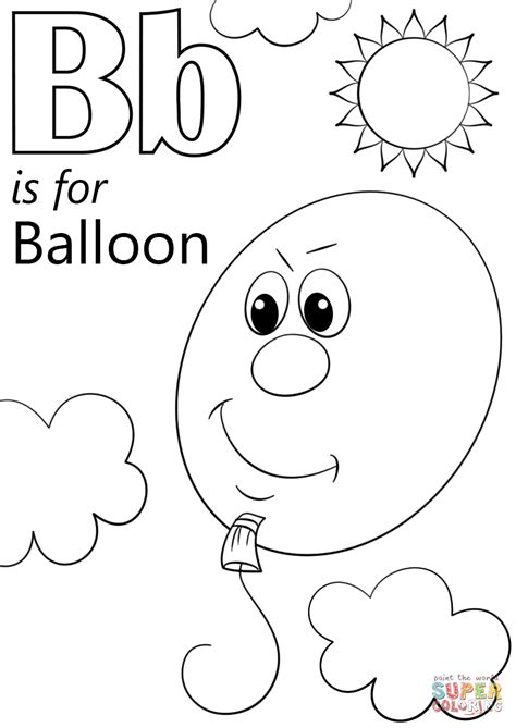 the letter b is for balloon coloring page with an image of a balloon and clouds