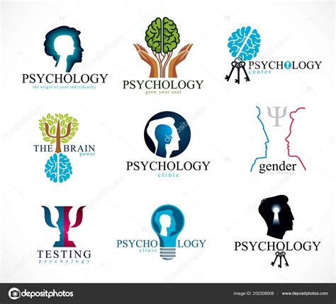 Psicología Cerebro Salud Mental Vector Iconos Conceptuales Logos Conjunto Problemas — Vector de ...