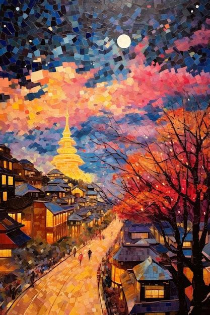 Premium AI Image | A painting of a street scene with a city in the background.