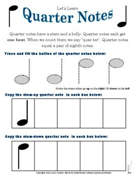 Quarter Note Trace Worksheet - Learning Quarter Notes for Beginning Music