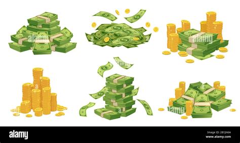 Cartoon money and coins. Green dollar banknotes pile, golden coin and ...