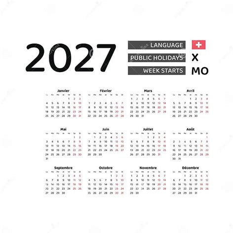 Calendar 2027 French Language with Switzerland Public Holidays. Stock Vector - Illustration of ...