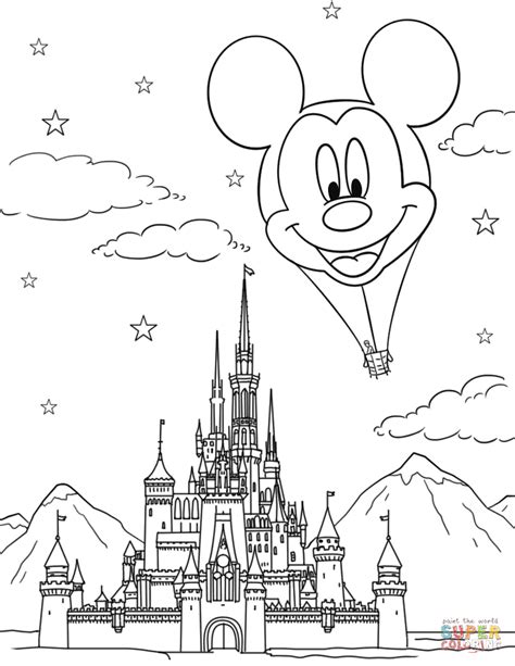 Disney Castle and Mickey Mouse Hot Air Balloon coloring page | Free Printable Coloring Pages