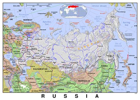 Detailed political map of Russia with relief | Vidiani.com | Maps of all countries in one place