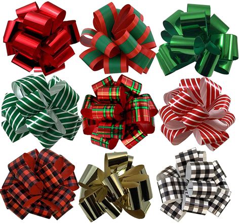 Christmas Gift Wrap Pull Bows - 5" Wide, Set of 9, Metallic Red, Green, Gold, Stripes, Plaid ...