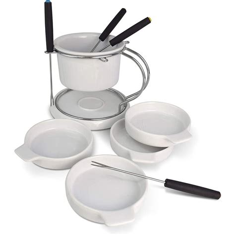 Kovot 11 Piece Ceramic Fondue Set - 1 Fondue Pot, 1 Base Plate, 1 Stainless Steel Stand, 4 Color ...