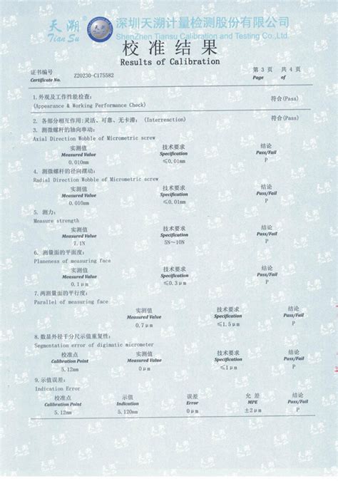 Digital Outside Micrometer Calibration Certificate
