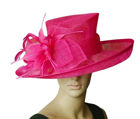 Fuchsia Hot Pink Sinamay Hat Large Dress Church Hat Fascinator With Feather Flower,for Kentucky ...