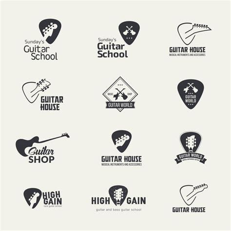 Set of monochrome flat music logos with guitars and bass guitars. For music stores, websites ...