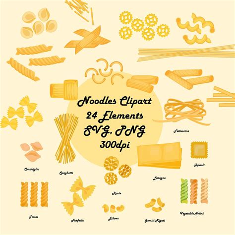 Pasta Clipart 24 Elements SVG, PNG Pasta Graphics Farfalle Macaroni ...