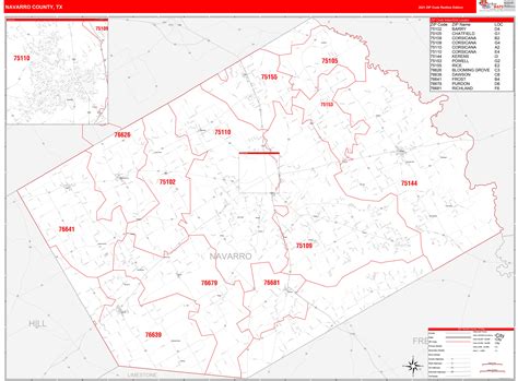 Navarro County, TX Zip Code Wall Map Red Line Style by MarketMAPS