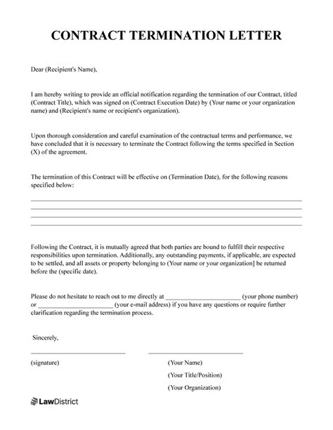 Free Contract Termination Letter Template | LawDistrict