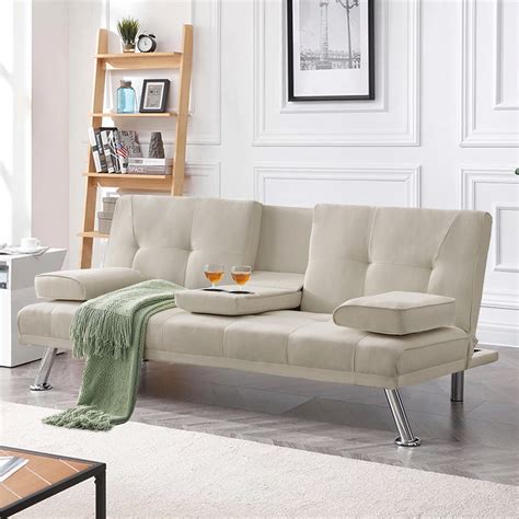 Modern Linen Fabric Futon with Cupholders and Pillows, Beige Linen ...