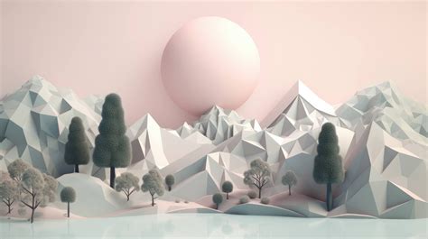 This 3D abstract landscape features a serene and ethereal composition of floating geometric ...