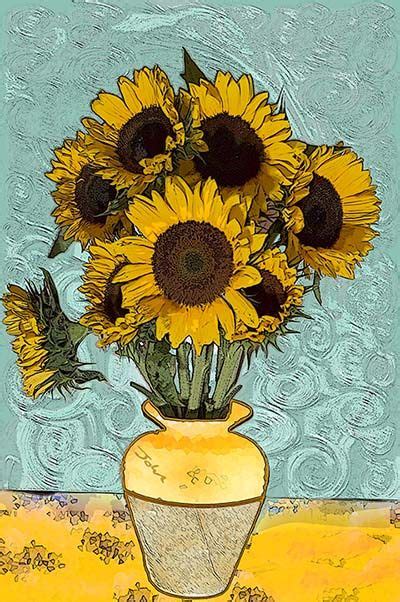 a painting of sunflowers in a vase on a table