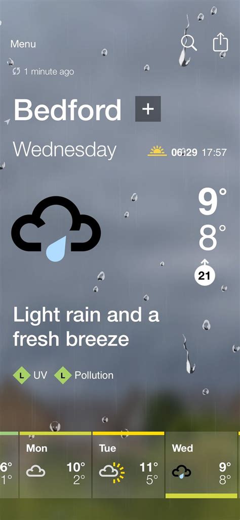 BBC Weather forecast for Bedford, Bedford. Wednesday: Light Rain. Max 9°C, min 8°C. Wind 21mph S ...