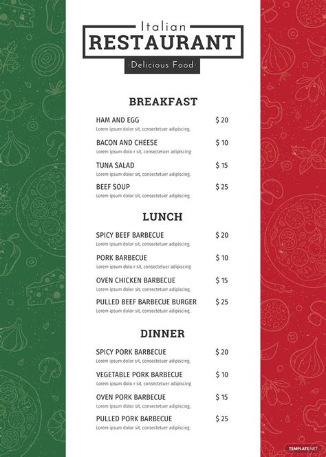 Simple Italian Menu Template - Illustrator, InDesign, Word, Apple Pages ...