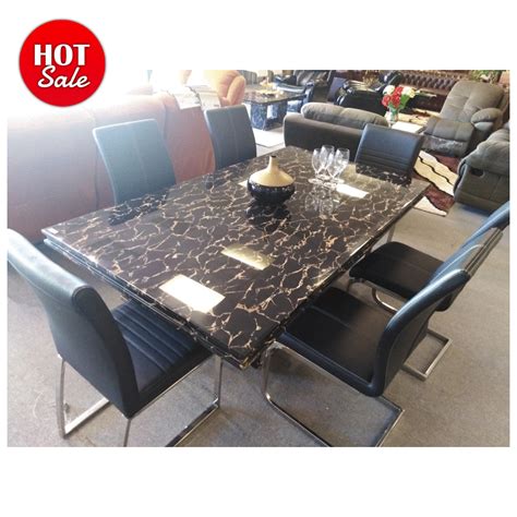 Black with golden pattern Marble Top Dining Table and 6 standard Chairs ...