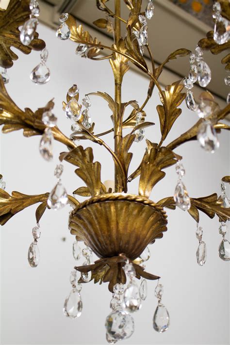 Italian Five Light Gold Leaf Chandelier with Crystals - Appleton Antique Lighting