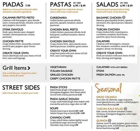 Menu at Piada Italian Street Food restaurant, Ann Arbor