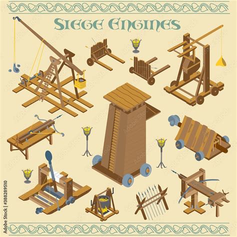 Medieval and Roman siege engines and war machines battle in isometric vector illustration Stock ...