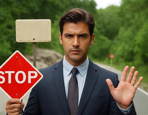 Premium Photo | Strict angry man with beard holding stop sign and pointing at camera with ...