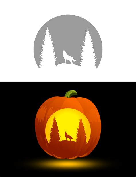 Printable Howling Wolf and Forest Pumpkin Stencil