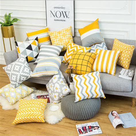 Nordic yellow gray geometric stripe pattern Car cushion pillowcase sofa ...