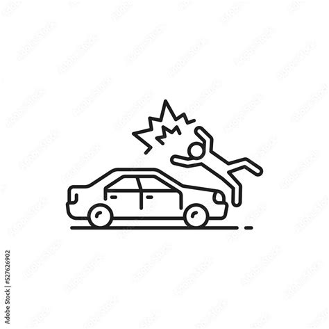 Car crash or road collision with pedestrian thin line icon. Road crash, vehicle driving safety ...