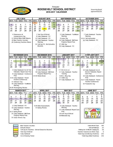 2016 - 2017 District Calendar | Roosevelt Elementary School District ...