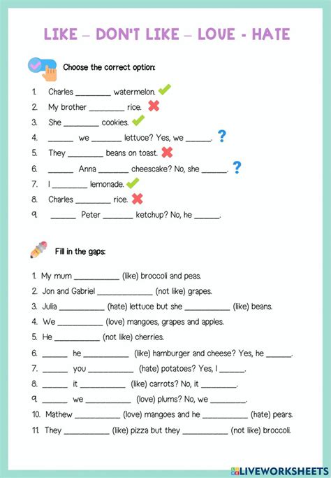 Like - don't like - love - hate worksheet | English worksheets for kids ...