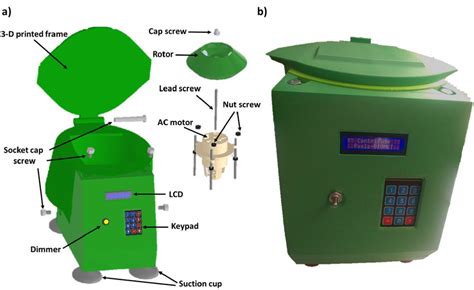 a) 3D schematic design of the centrifuge and, b) 3D-printed Centrifuge ...