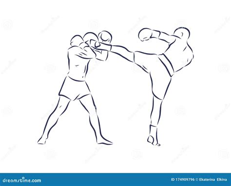 Boxing Champ Standing and Ready To Fight . Man Boxer. Fighter Silhouette Hand Drawn Vector ...