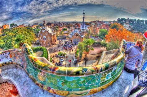 Park Guell entrance wide angle view from inside colored | Park güell ...