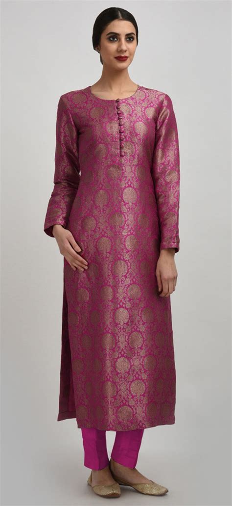 Rani Pink Zari Jamawar Banarasi Hand Woven Pure Silk Suit | Silk kurti designs, Designer kurti ...