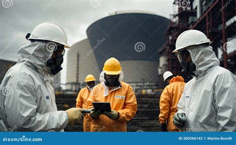 Group of Engineers Wearing PPE Clothing in Front of a Nuclear Power ...