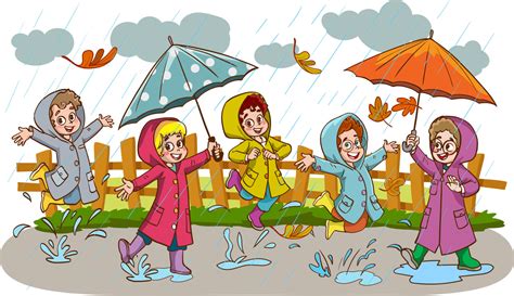 Smiling Little Kids Jumping in a Puddle in Rainy Day Vector ...