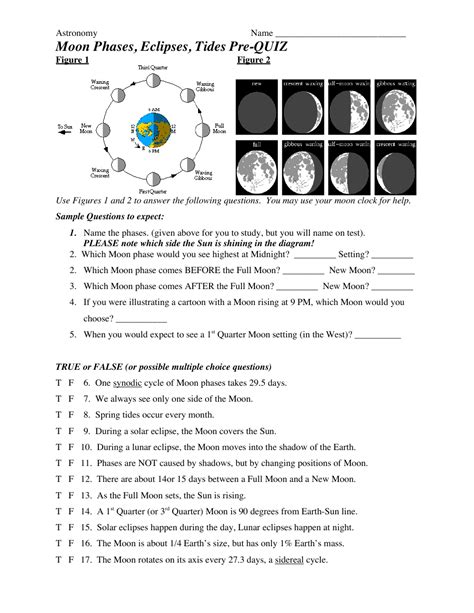 Moon Phases, Eclipses, Tides Pre-quiz Worksheet Download Printable PDF | Templateroller