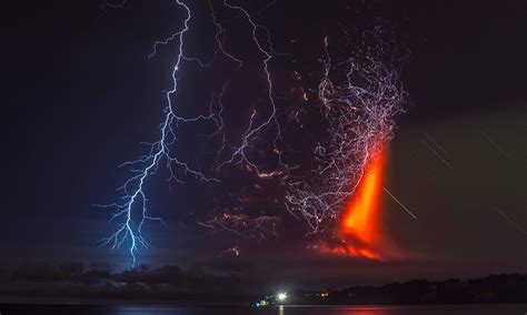 landscape, night, lake, nature, clouds, lightning, volcano, lava, Chile ...